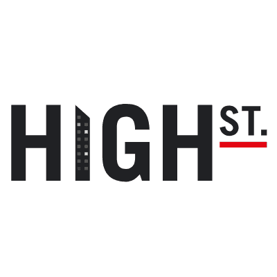 The High Street brand logo, with the 'I' in 'High' looking like a tall city building. To the right, 'ST.' is written and underlined with a bold red line.