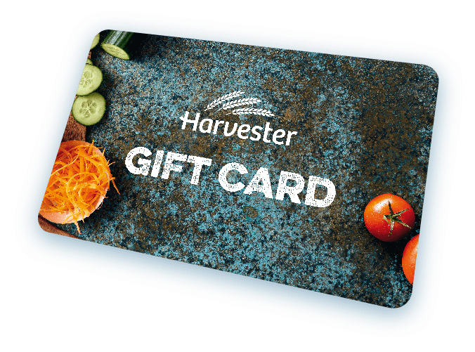A Harvester gift card featuring tomatoes, cucumbers, and grated carrot, set against a white background.
