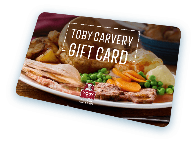 A Toby Carvery gift card featuring a carvery, set against a white background.