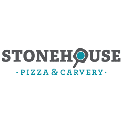 The Stonehouse Pizza & Carvery logo. The second 'o' of Stonehouse is made to look like a pizza on a wooden paddle. Underneath, 'Pizza & Carvery' is written in blue.