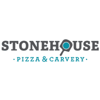 The Stonehouse Pizza & Carvery logo. The second 'o' of Stonehouse is made to look like a pizza on a wooden paddle. Underneath, 'Pizza & Carvery' is written in blue.