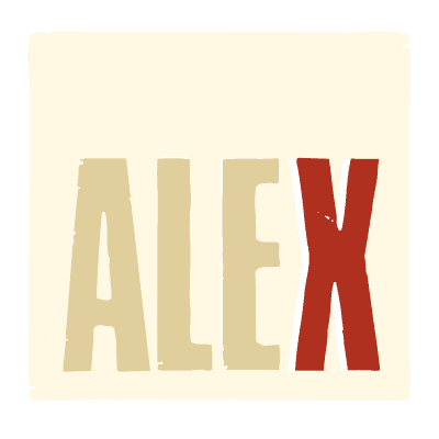 The ALEX brand logo on an off-white background. The 'ALE' are beige, while the 'X' is red.
