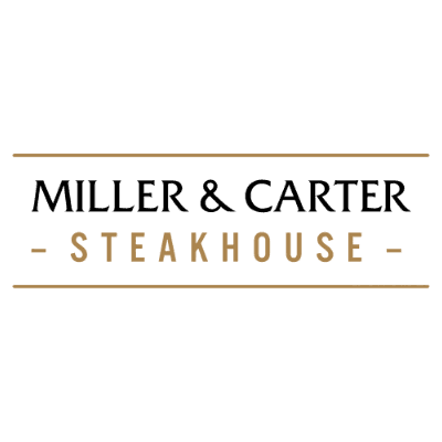 The Miller & Carter logo. Between two lines of gold, 'MILLER & CARTER' is written in black, with 'STEAKHOUSE' written in gold underneath.