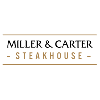 The Miller & Carter logo. Between two lines of gold, 'MILLER & CARTER' is written in black, with 'STEAKHOUSE' written in gold underneath.