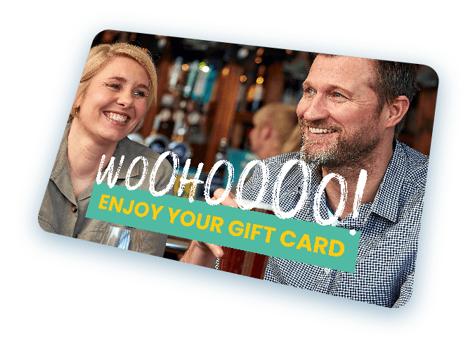 A Sizzling Pizza & Carvery gift card with "Woohoooo!" written on it, set against a white background.
