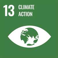 "13: Climate Action" is written in bold, white writing on a dark green background. Below it is a white eye shape with the world in the place of the eye.