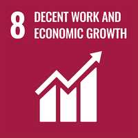 "8: Decent work and economic growth" is written in bold, white writing on a dark red background. Below it, an icon with an zigzagging arrow aims towards the top right, showing growth.
