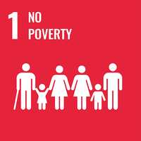 "1: No poverty" is written in bold, white writing on a bright red background. Below it, symbols for people of different ages and conditions stand in a line.