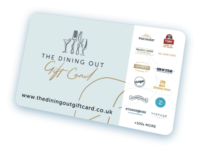 The Dining Out gift card showing all the Mitchells & Butlers pubs and restaurants it can be used at.