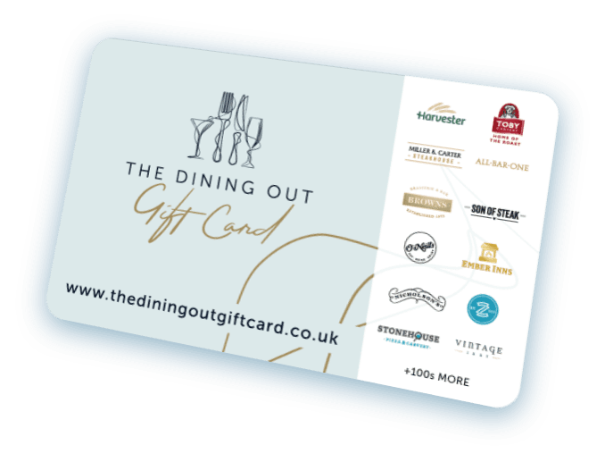 The Dining Out gift card showing all the Mitchells & Butlers pubs and restaurants it can be used at.