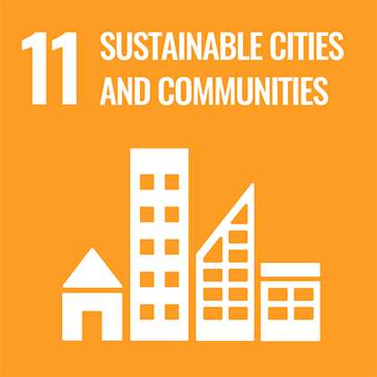 "11: Sustainable cities and communities" is written in bold, white writing on a bright orange background. Below it, there are simple building icons of different shapes and sizes.