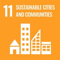 "11: Sustainable cities and communities" is written in bold, white writing on a bright orange background. Below it, there are simple building icons of different shapes and sizes.
