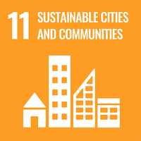 "11: Sustainable cities and communities" is written in bold, white writing on a bright orange background. Below it, there are simple building icons of different shapes and sizes.