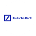 The Deutsche Bank logo, with a diagonal blue line inside a blue square, all inside a white circle.