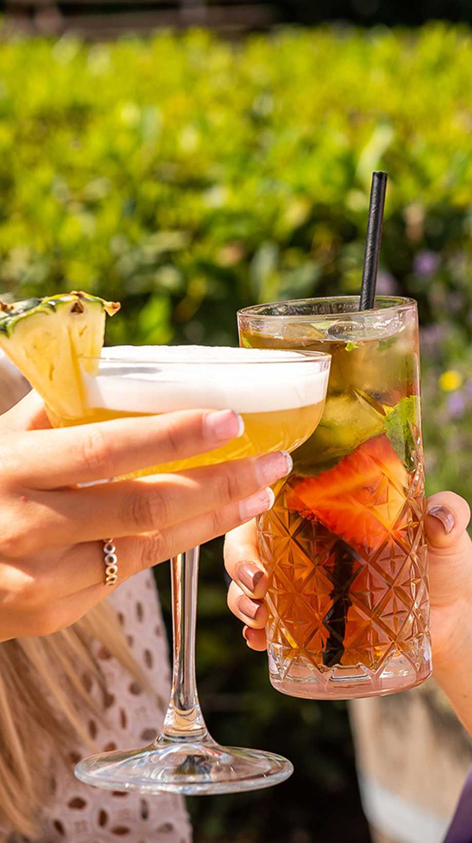 Two friends sitting outside clink their cocktail classes in the sun.