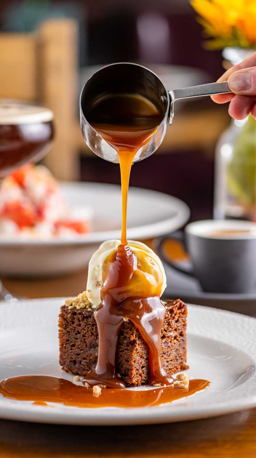A little pan of sticky toffee sauce is being poured over a dessert.