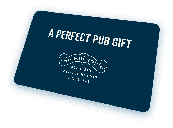 A dark blue Nicholson's gift card with "A perfect pub gift" written on it, set against a white background.