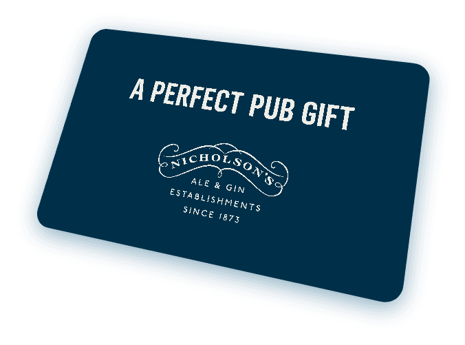 A dark blue Nicholson's gift card with "A perfect pub gift" written on it, set against a white background.