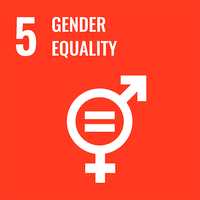 "5: Gender equality" is written in bold, white writing on a bright red background. Below it, the symbols for male and female are combined with an equals symbol in the middle.