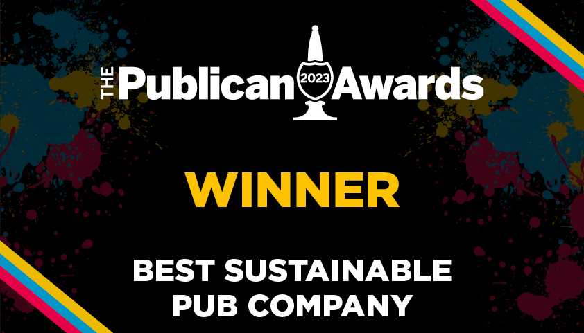 "The Publican 2023 Awards. Winner. Best sustainable pub company." is written in white on a black and paint-splattered background. The "2023" is inside a pint pull icon.