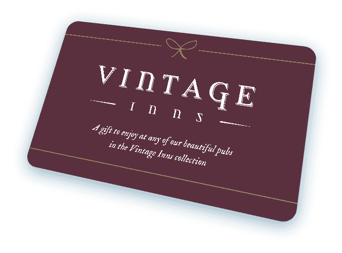 A maroon Vintage Inns gift card with a gold ribbon detail, set against a white background.