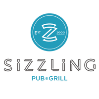 The Sizzling Pubs logo. Above 'Sizzling Pub & Grill' is a blue circle with 'Est. 2000' and 'Z' written in a unique, double-lined font.