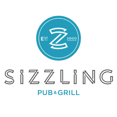 The Sizzling Pubs logo. Above 'Sizzling Pub & Grill' is a blue circle with 'Est. 2000' and 'Z' written in a unique, double-lined font.