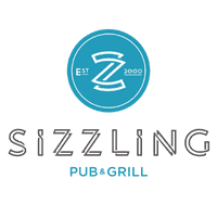 The Sizzling Pubs logo. Above 'Sizzling Pub & Grill' is a blue circle with 'Est. 2000' and 'Z' written in a unique, double-lined font.