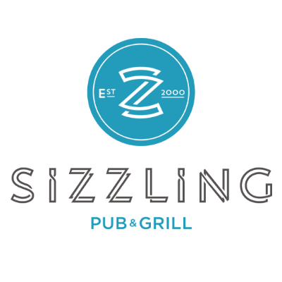 The Sizzling Pubs logo. Above 'Sizzling Pub & Grill' is a blue circle with 'Est. 2000' and 'Z' written in a unique, double-lined font.