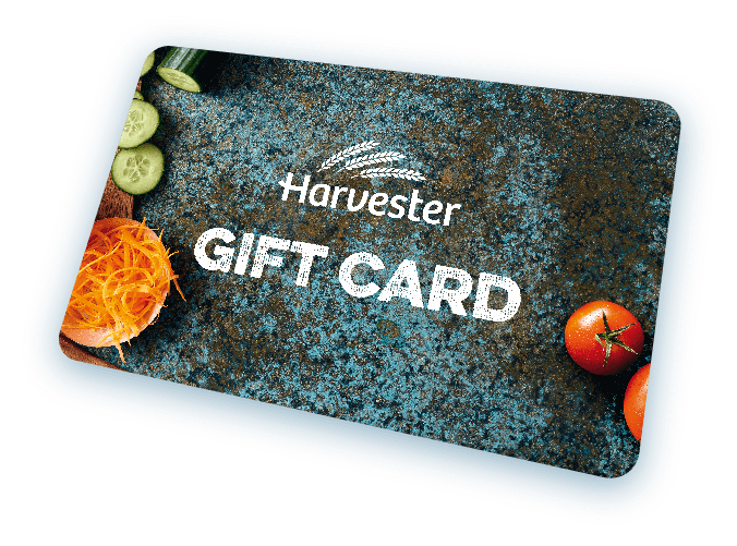 A Harvester gift card featuring tomatoes, cucumbers, and grated carrot, set against a white background.