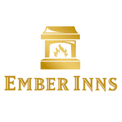 The Ember Inns' logo, with "EMBER INNS" written in a bold, golden font underneath a golden fireplace with a shiny effect.