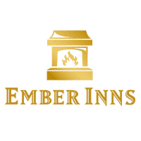 The Ember Inns' logo, with "EMBER INNS" written in a bold, golden font underneath a golden fireplace with a shiny effect.