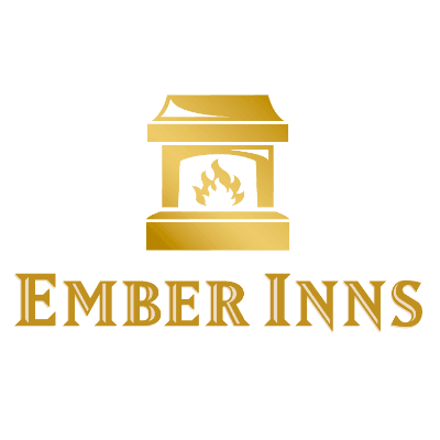 The Ember Inns' logo, with "EMBER INNS" written in a bold, golden font underneath a golden fireplace with a shiny effect.