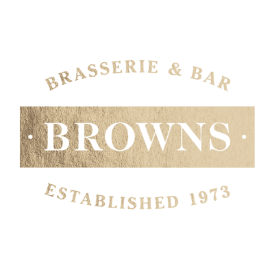 On the Browns' logo, "Brasserie & Bar" is written above "BROWNS". Below it says "Established 1973". All are written in a textured gold style.