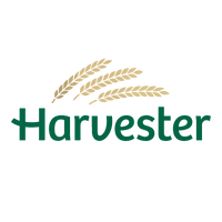 "Harvester" is written in dark green on the Harvester logo, with three golden wheat icons tilting to the right above it.