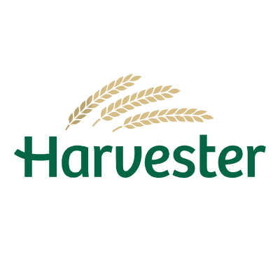 "Harvester" is written in dark green on the Harvester logo, with three golden wheat icons tilting to the right above it.