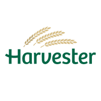 "Harvester" is written in dark green on the Harvester logo, with three golden wheat icons tilting to the right above it.